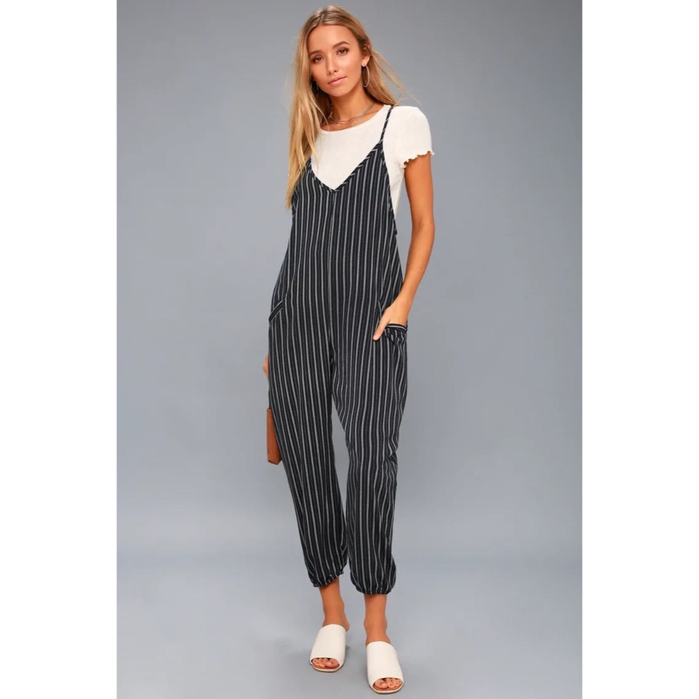 Lulu’s Navy Blue and White Striped Midi Jumpsuit